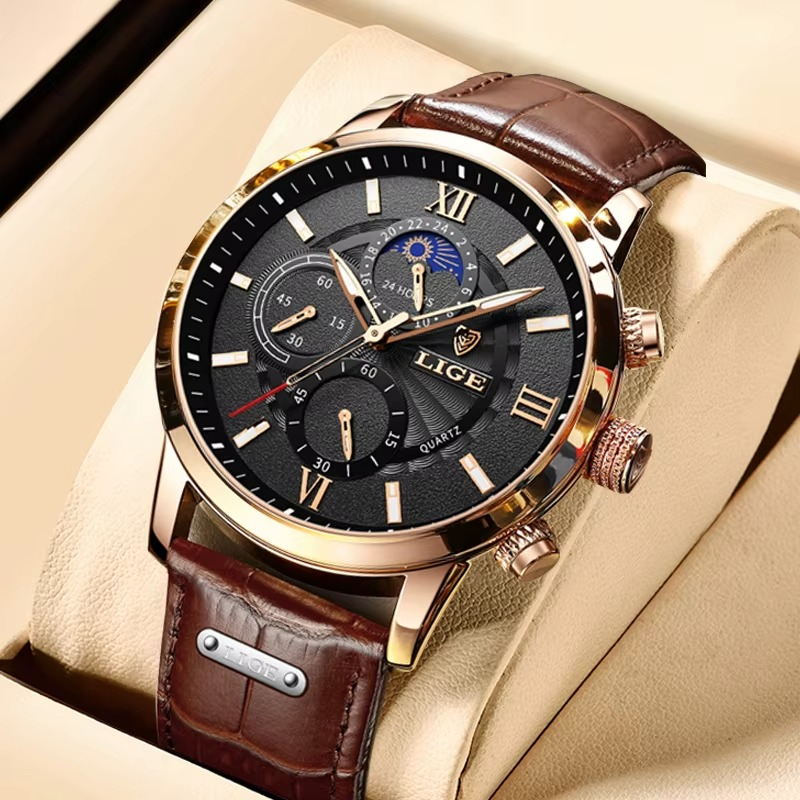 Relógio Masculino LIGE Leather Sport Moon Phase