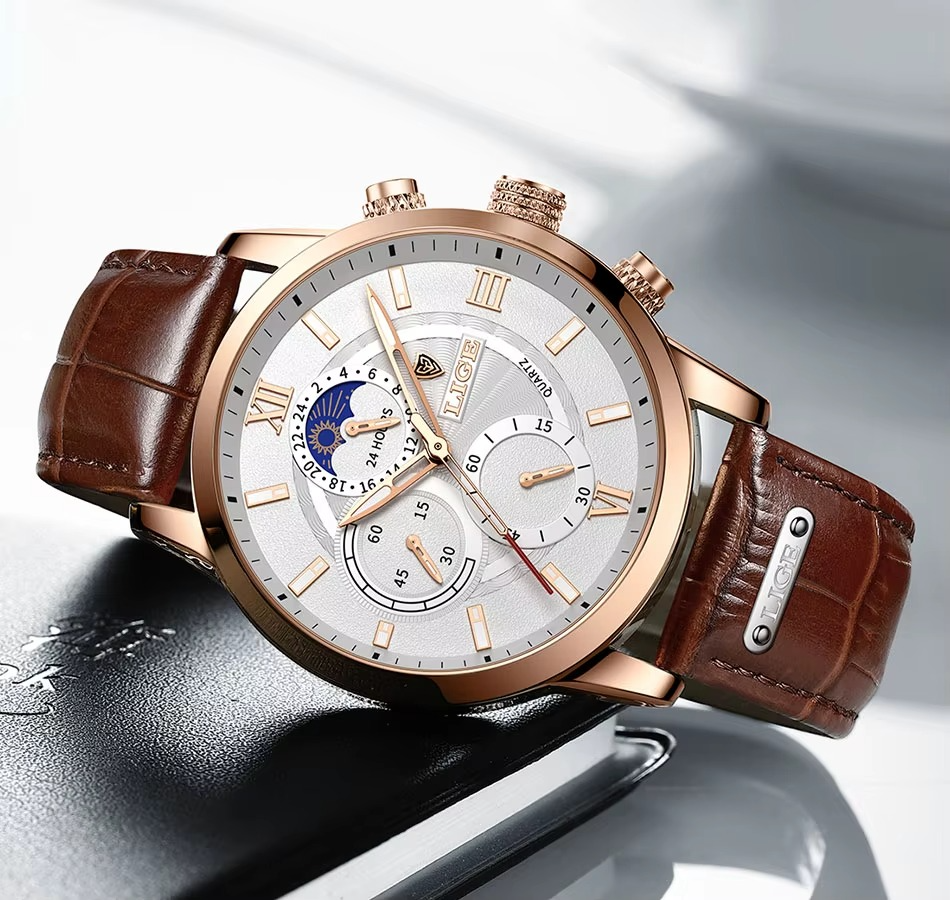 Relógio Masculino LIGE Leather Sport Moon Phase