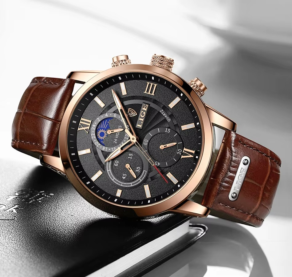 Relógio Masculino LIGE Leather Sport Moon Phase