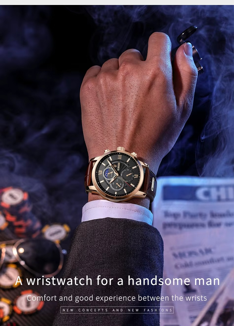 Relógio Masculino LIGE Leather Sport Moon Phase