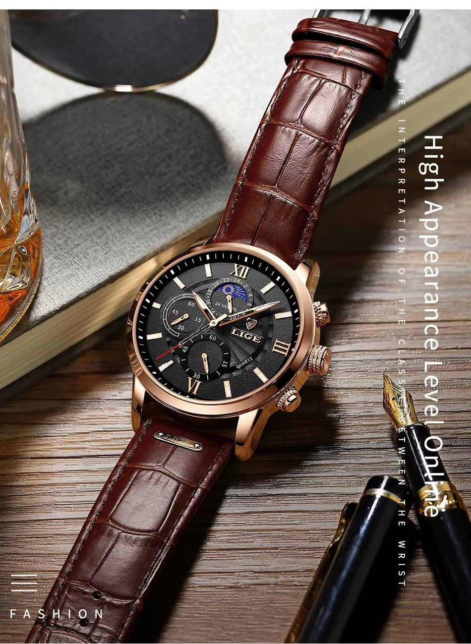 Relógio Masculino LIGE Leather Sport Moon Phase