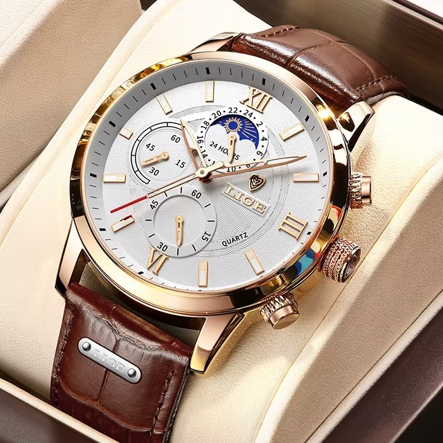 Relógio Masculino LIGE Leather Sport Moon Phase