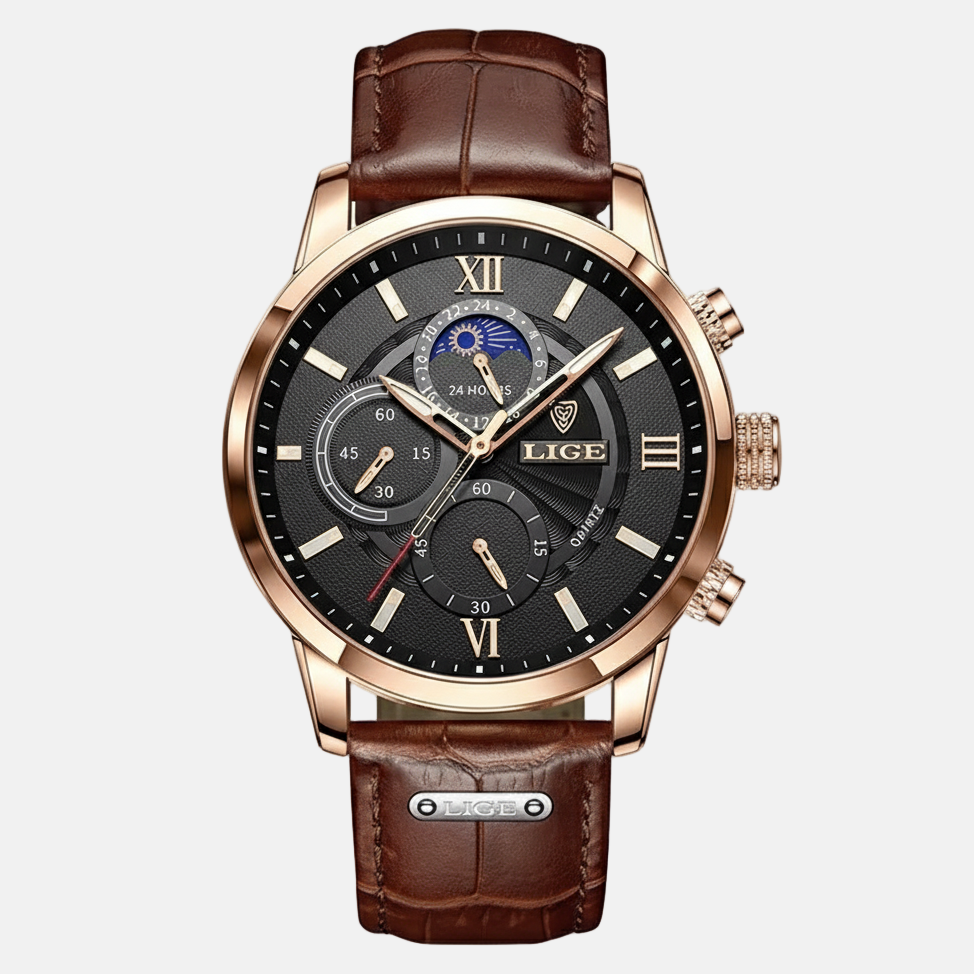 Relógio Masculino LIGE Leather Sport Moon Phase