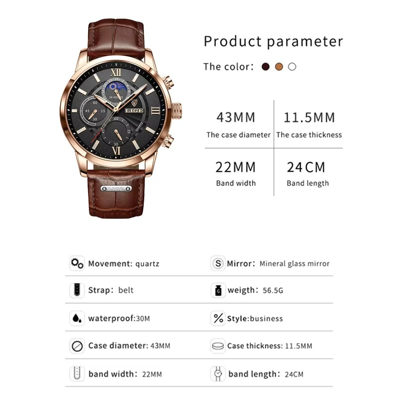 Relógio Masculino LIGE Leather Sport Moon Phase