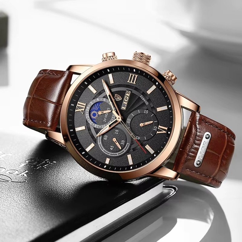 Relógio Masculino LIGE Leather Sport Moon Phase