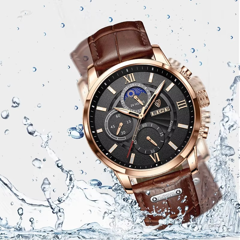 Relógio Masculino LIGE Leather Sport Moon Phase