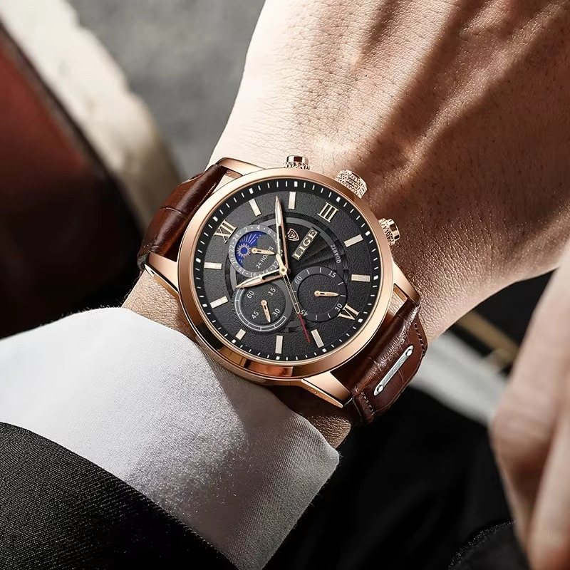 Relógio Masculino LIGE Leather Sport Moon Phase
